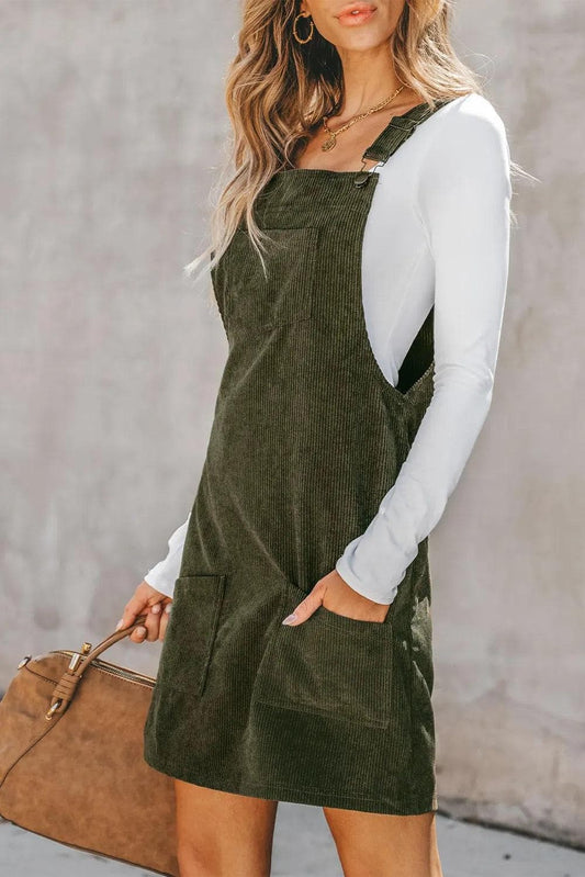 Dresses/Mini Dresses Vineyard Green Solid Front Pockets Sleeveless Corduroy Overall Dress