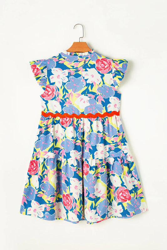 Sky Blue Floral Printed V Notched Ric Rac Flutter Sleeve Dress - Chic Meadow Boutique