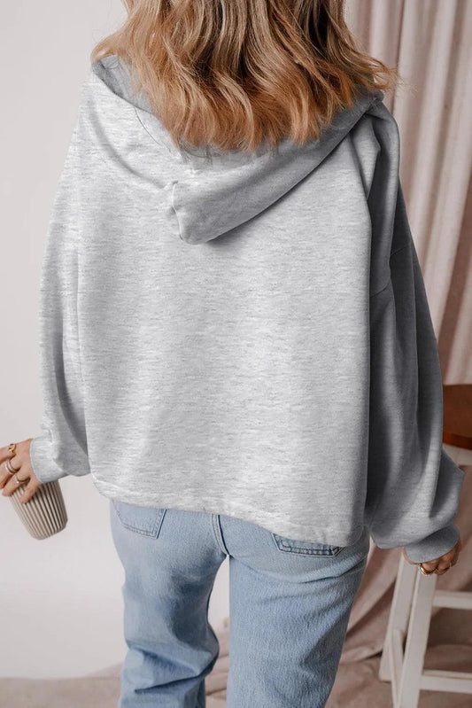 Tops/Sweatshirts & Hoodies Light Grey Fleece Lined Half Zipper Kangaroo Pockets Loose Hoodie