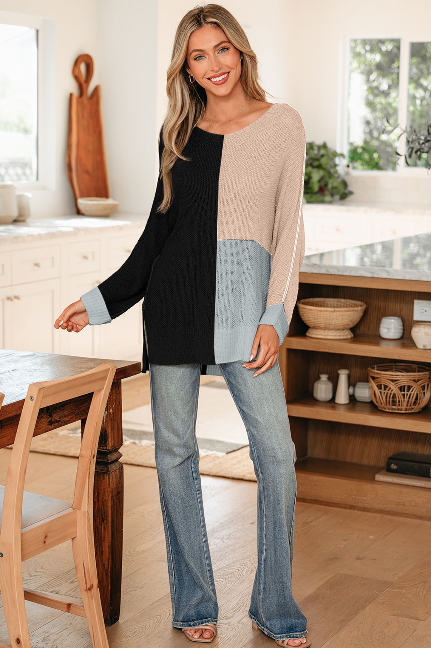 Black Color Block Knit V Neck Loose Sweater