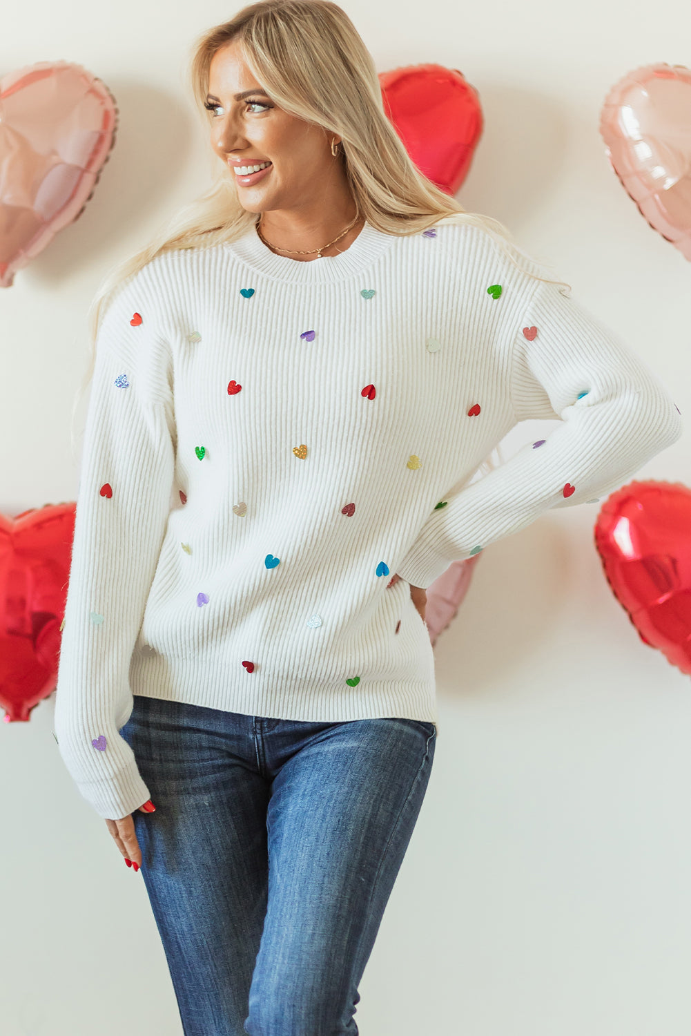 Beige Sequin Heart Shape Waffle Knit Round Neck Sweater – Chic