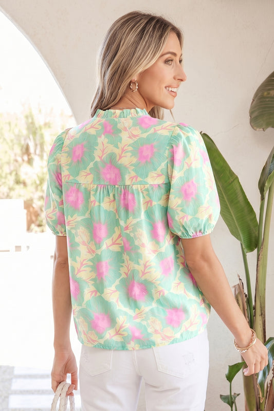 Green Short Bubble Sleeve Summer Floral Blouse