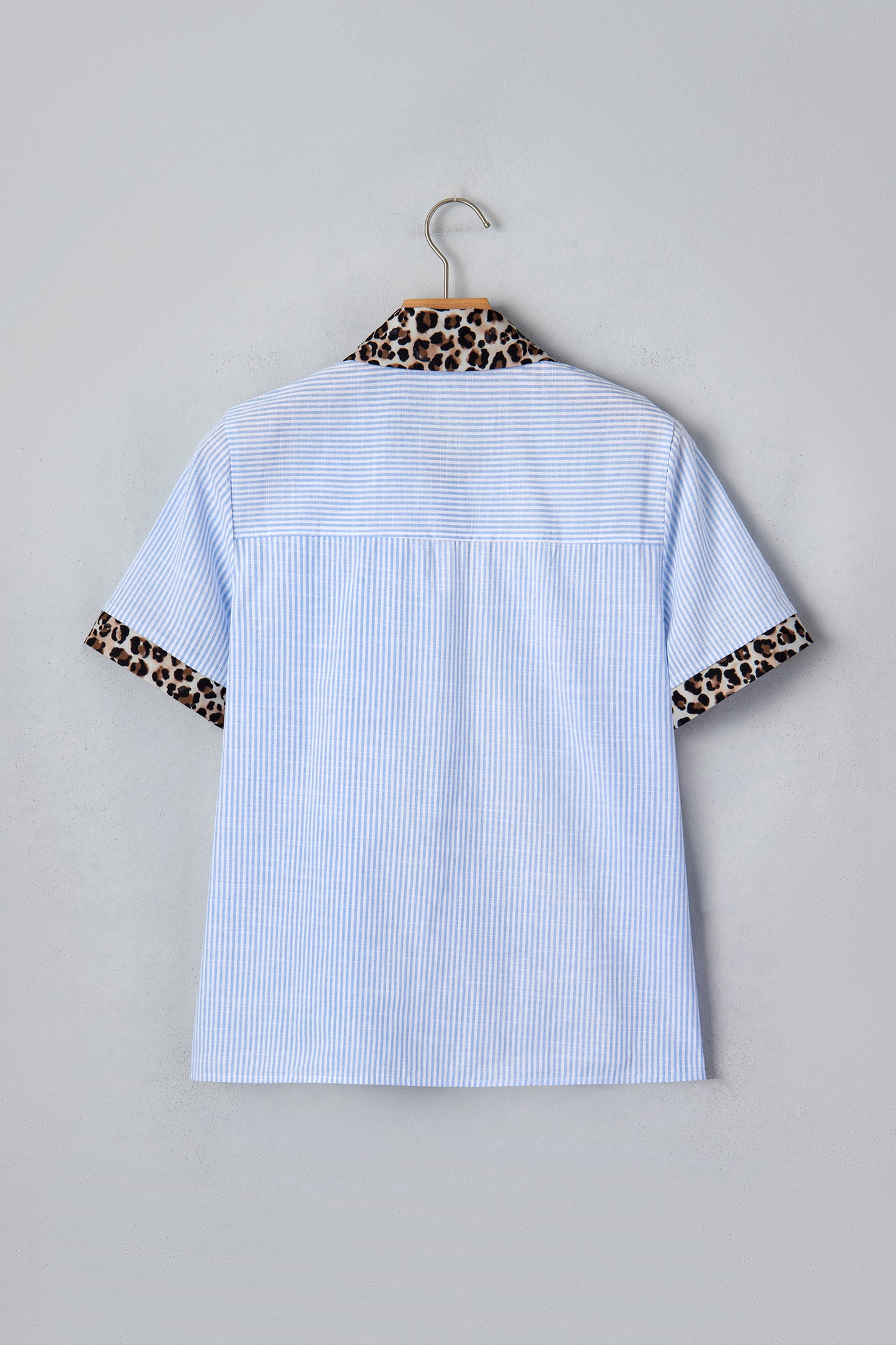 Sky Blue Stripe Leopard Contrast Collar Short Sleeve Shirt