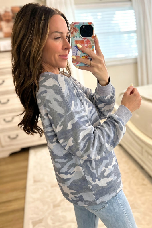Multicolour Camouflage Long Sleeve Round Neck Shift Pullover Top
