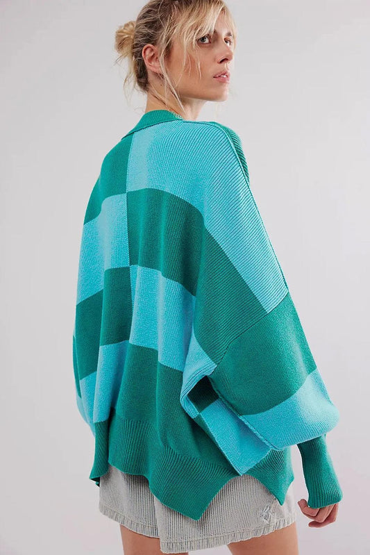 Sweaters & Cardigans/Sweaters Green Checkered Side Slits Drop Shoulder Oversized Sweater