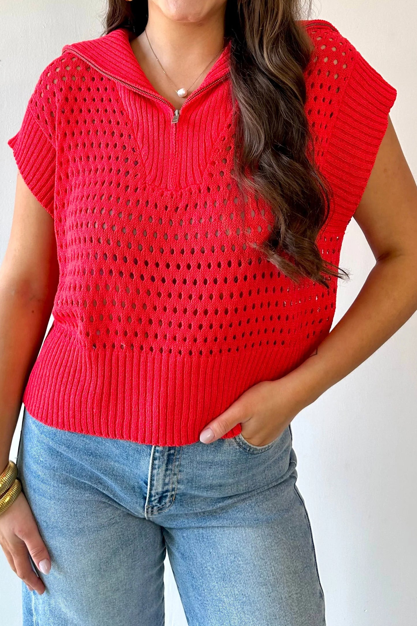 Fiery Red Solid Color Hollowed Knit Short Sleeve Zipper Collar Knitwear Top
