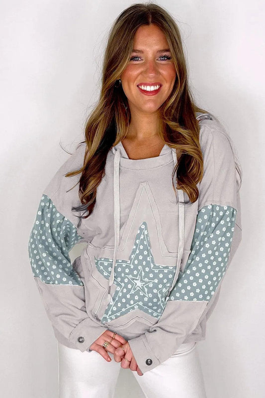 Tops/Sweatshirts & Hoodies Beau Blue Floral Patchwork Star Pattern Drawstring Hoodie