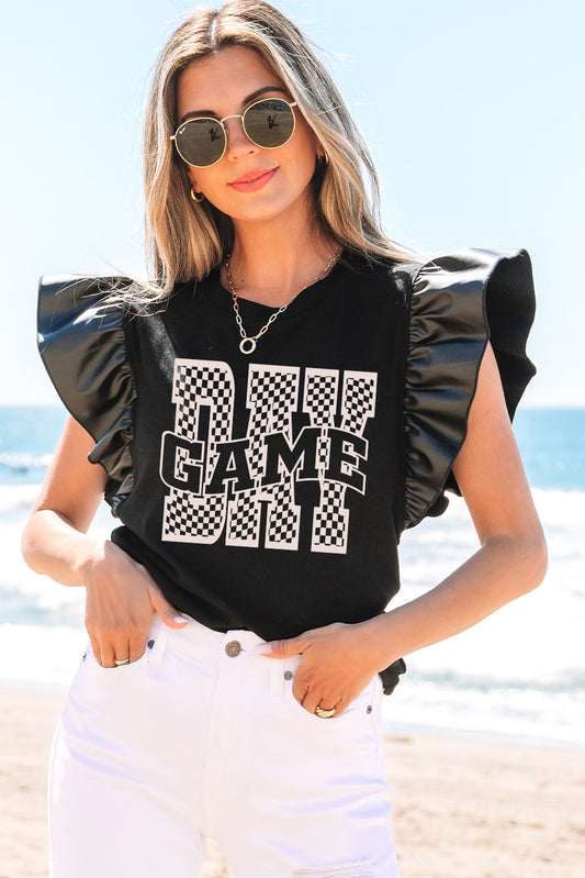 Black GAME DAY Checkered Letter Graphic Leatherette Ruffle Sleeve Top