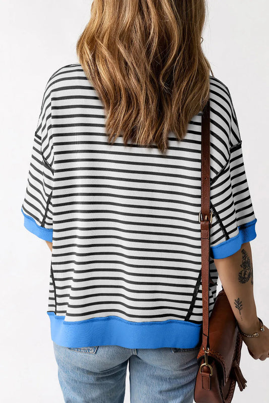 Black Stripe Oversized Contrast Trim Exposed Seam High Low T Shirt - Chic Meadow Boutique