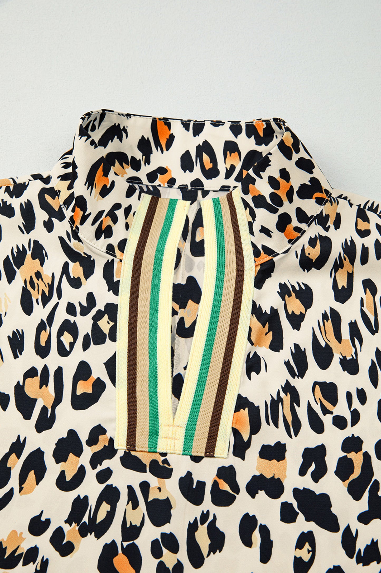 Khaki Leopard Color Block Contrast Striped V Neck Half Sleeve Loose Fit Blouse