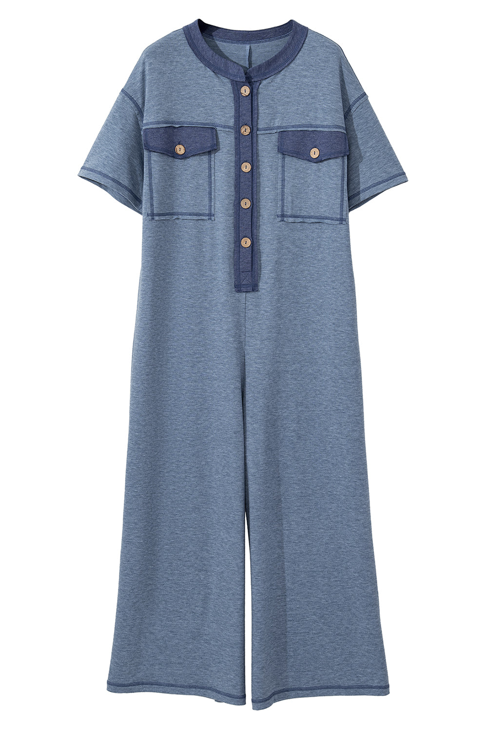 Beau Blue Half Placket Chest Pockets Short Sleeve Wide Leg Jumpsuit