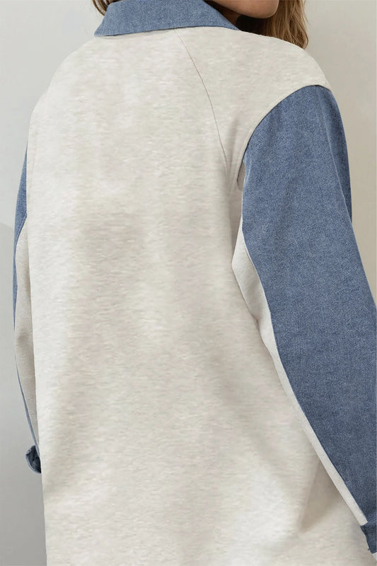 Light Grey Denim Patchwork Buttoned Polo Collar Long Sleeve Top