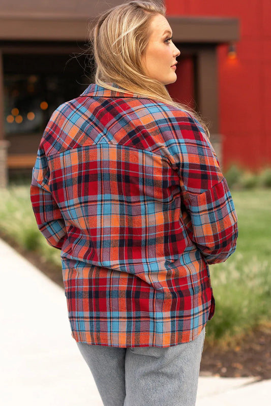 Red Plus Size Plaid Print Buttoned Shirt - Chic Meadow Boutique