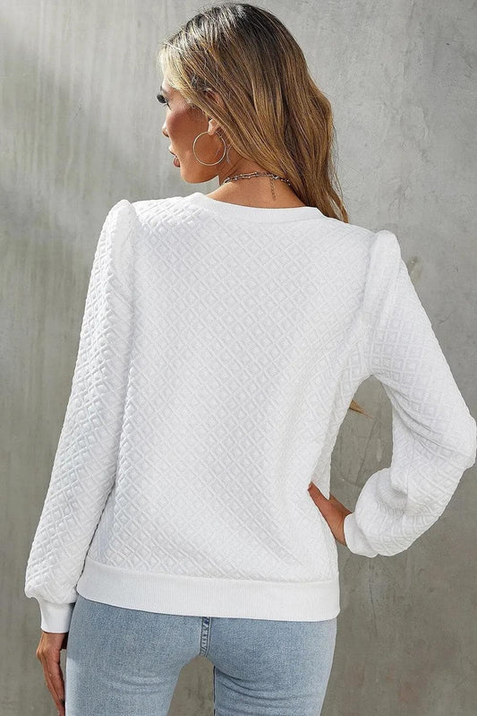 Tops/Blouses & Shirts White Textured Puff Long Sleeve Round Neck Top