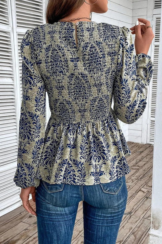 Tops/Blouses & Shirts Sky Blue Boho Printed Balloon Sleeve Smocked Peplum Blouse