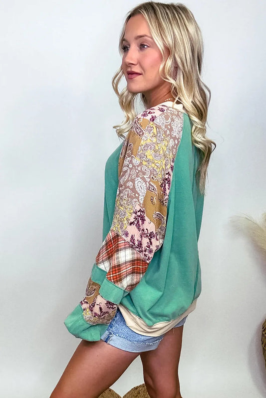Sky Blue Plus Size Plaid Floral Patchwork Raglan Sleeve Sweatshirt - Chic Meadow Boutique