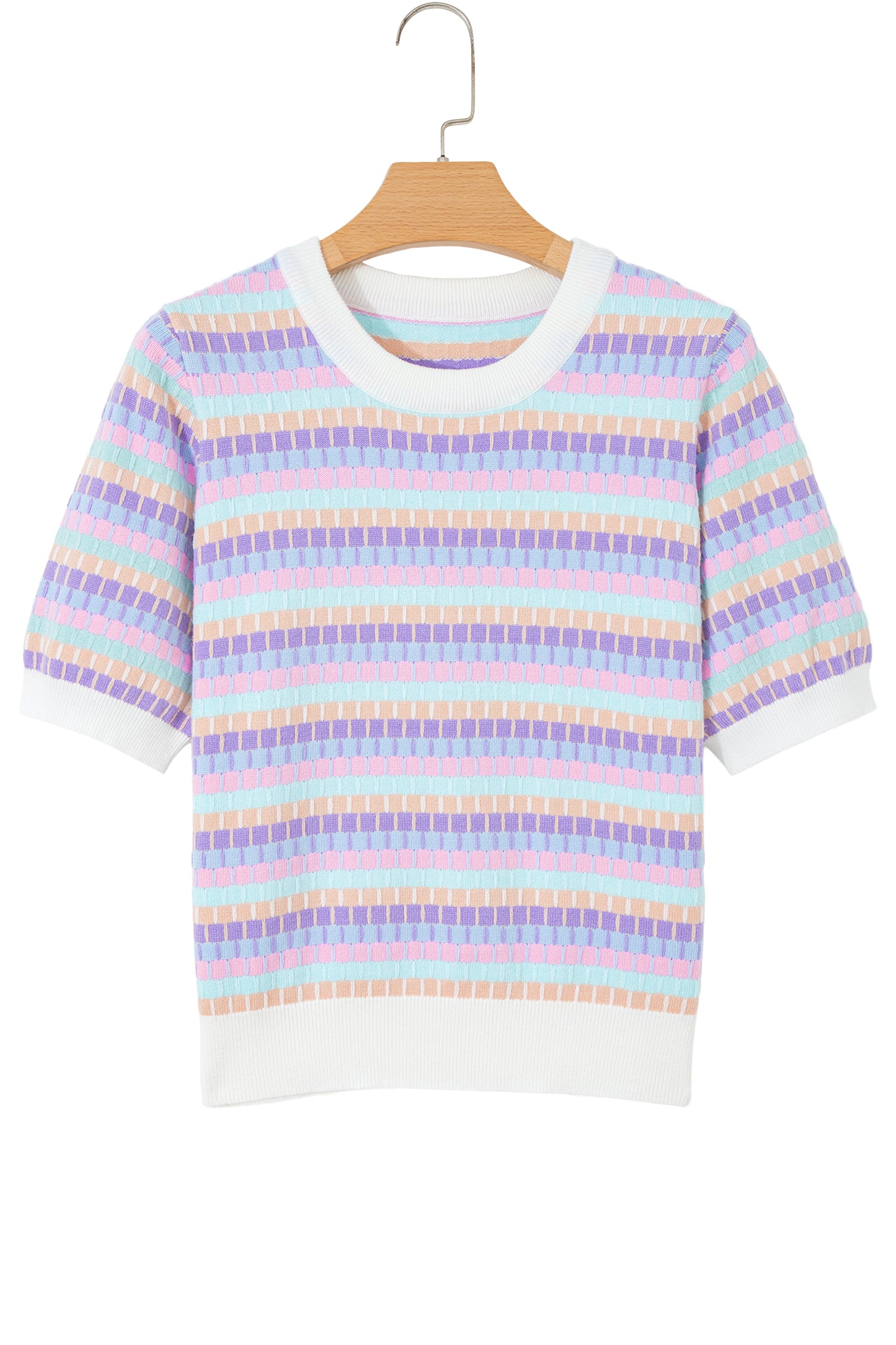 Purple Abstract Striped Knit Short Sleeve Sweater