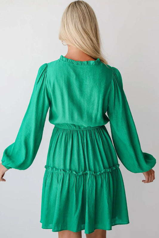 Sea Green Frilly V Neck Puff Sleeve Drawstring Shift Mini Dress - Chic Meadow Boutique