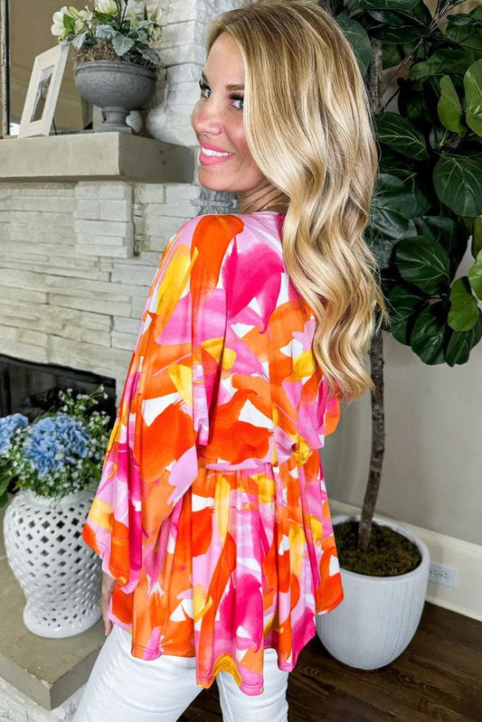 Tops/Blouses & Shirts Orange Abstract Print 3/4 Sleeve V Neck Ruffled Babydoll Blouse