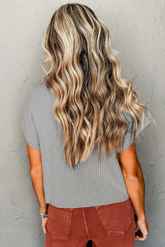 Tops/Short Sleeve Sweaters Gray Patch Pocket Ribbed Knit Short Sleeve Sweater