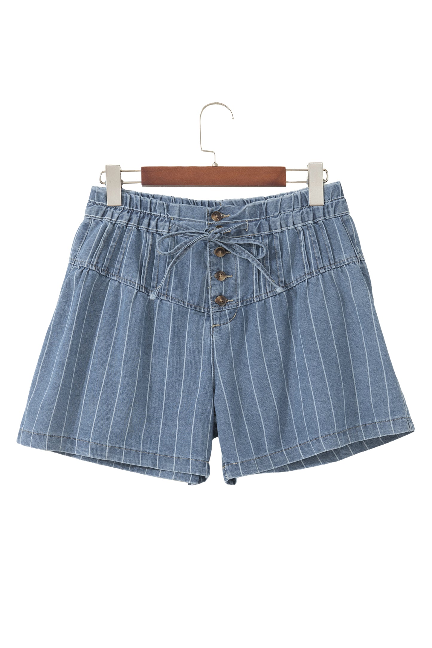 Sky Blue Stripe Drawstring Button Pleated High Waist Denim Shorts