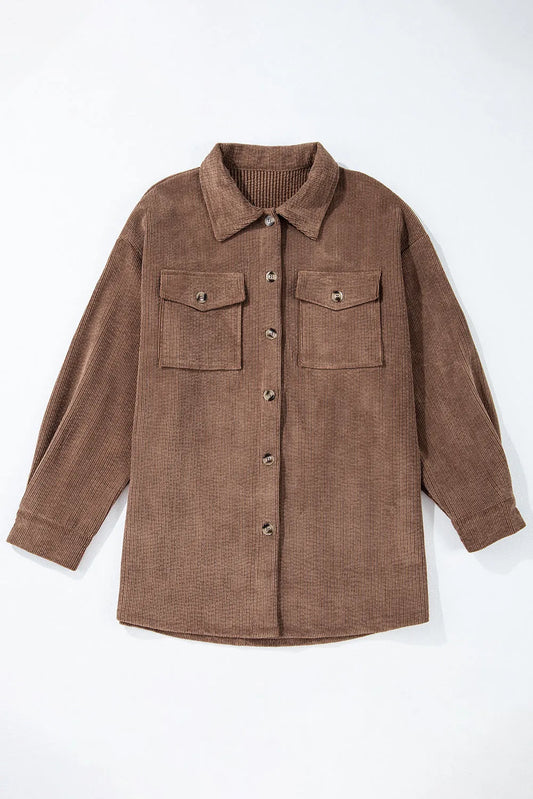 Chestnut Corduroy Flap Pocket Button Up Shacket - Chic Meadow Boutique