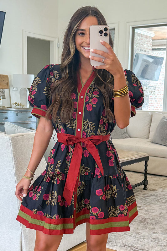 Black Retro Floral Print Button Down Belted Short Puff Sleeve Mini Dress