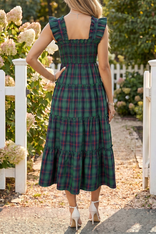 Green Plaid Ruffle Sleeveless Shirred Bodice Tiered Midi Dress