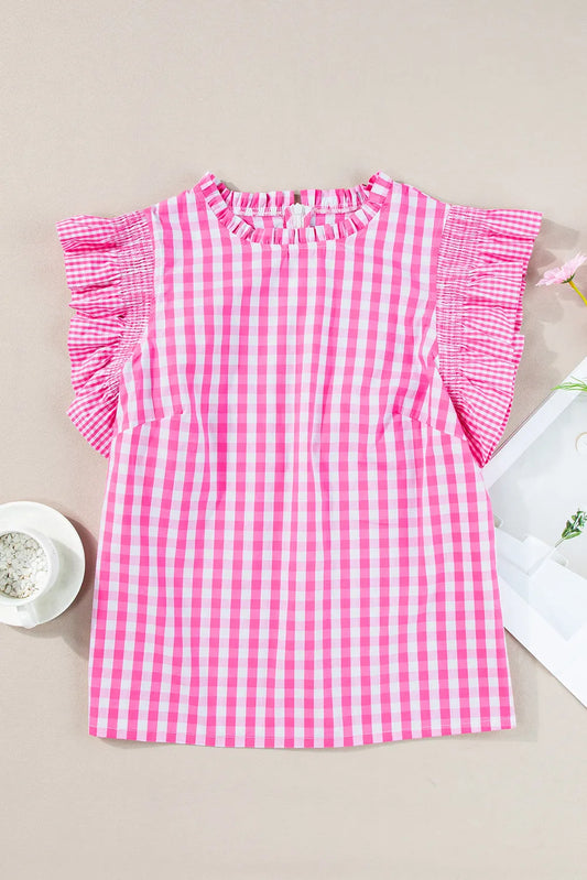 Rose Red Checkered Ruffled Sleeve Frilled Neck Blouse - Chic Meadow Boutique