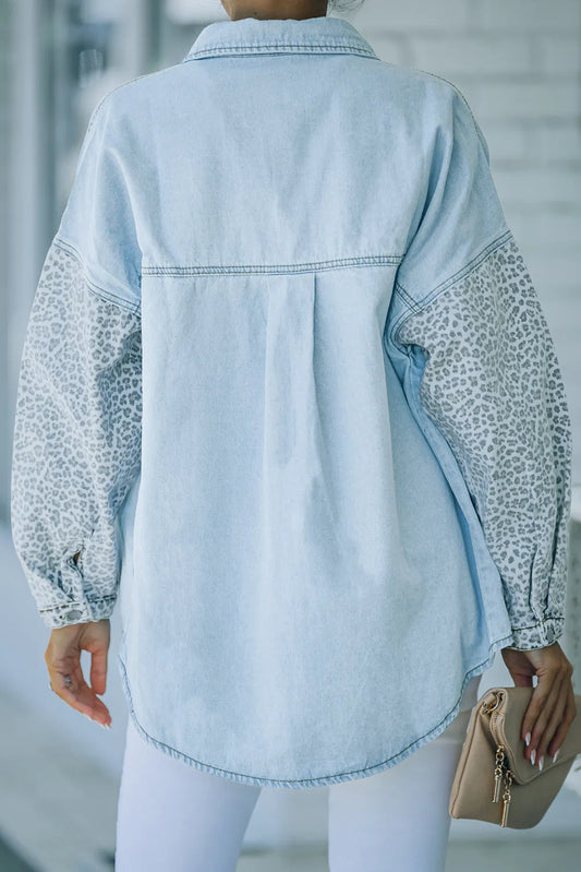 Sky Blue Contrast Leopard Denim Jacket - Chic Meadow Boutique