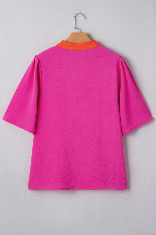 Rose Red Contrast V Neck Colorblock Wide Short Sleeve Top