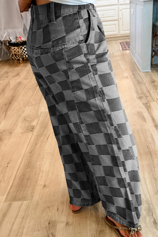 Dark Grey Checkered Denim Wide Leg Jeans - Chic Meadow Boutique