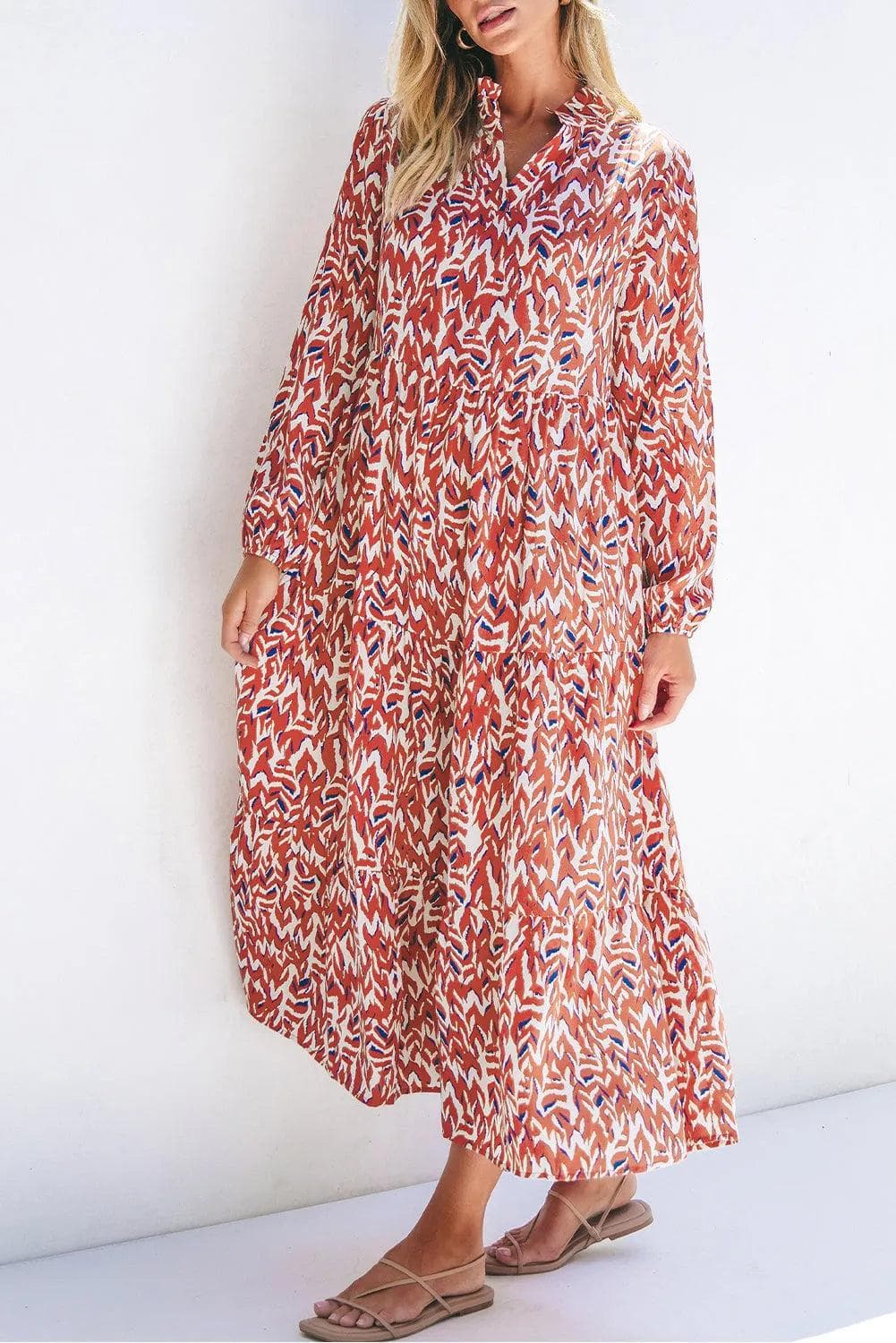 Dresses/Midi Dresses Orange Abstract Print V Neck Pleated High Waist Midi Dress