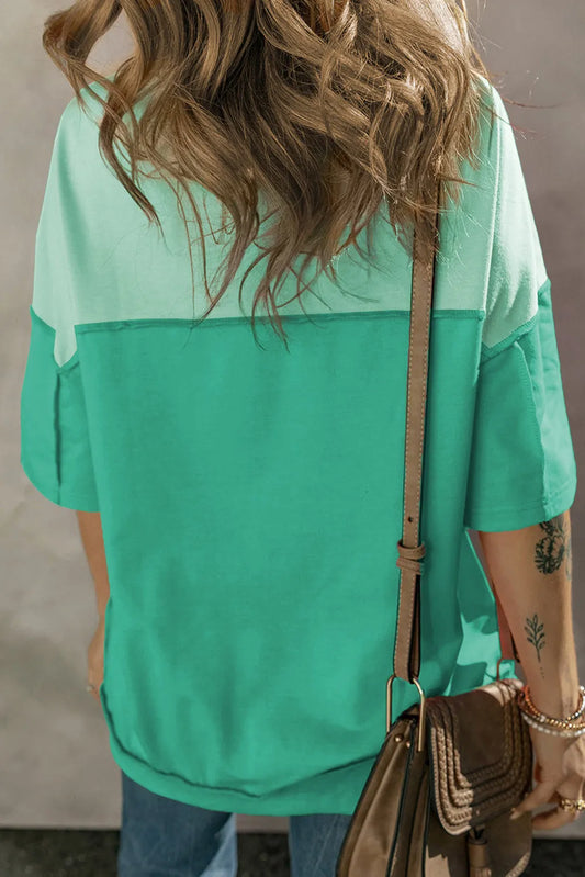 Bright Green Contrast Color Patchwork Half Button T Shirt - Chic Meadow Boutique