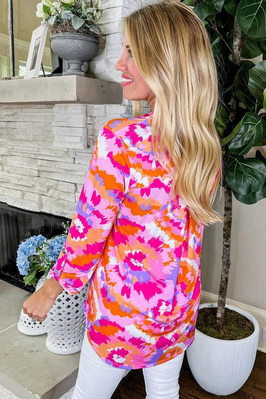 Tops/Blouses & Shirts Pink Abstract Print Tab Sleeve Notched Neck Blouse