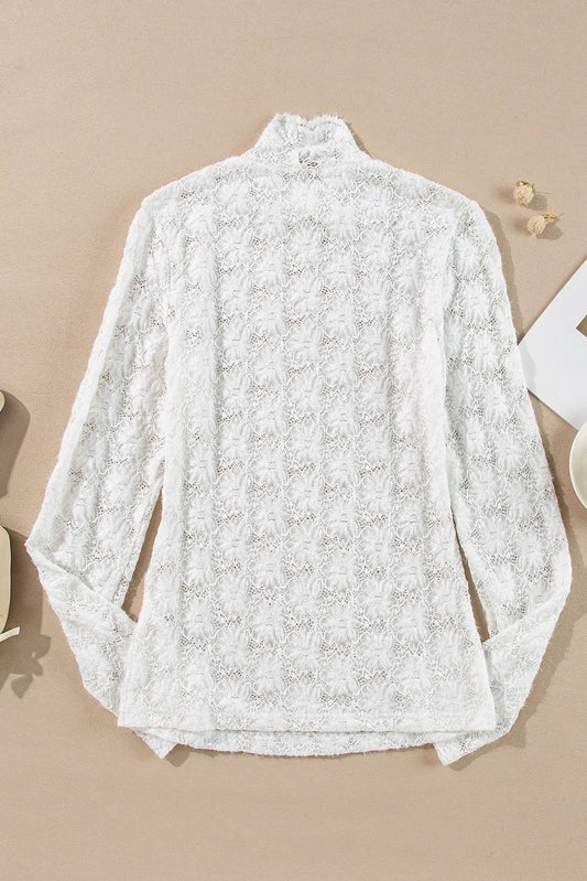 White Floral Lace High Neck Long Sleeve Top - Chic Meadow Boutique