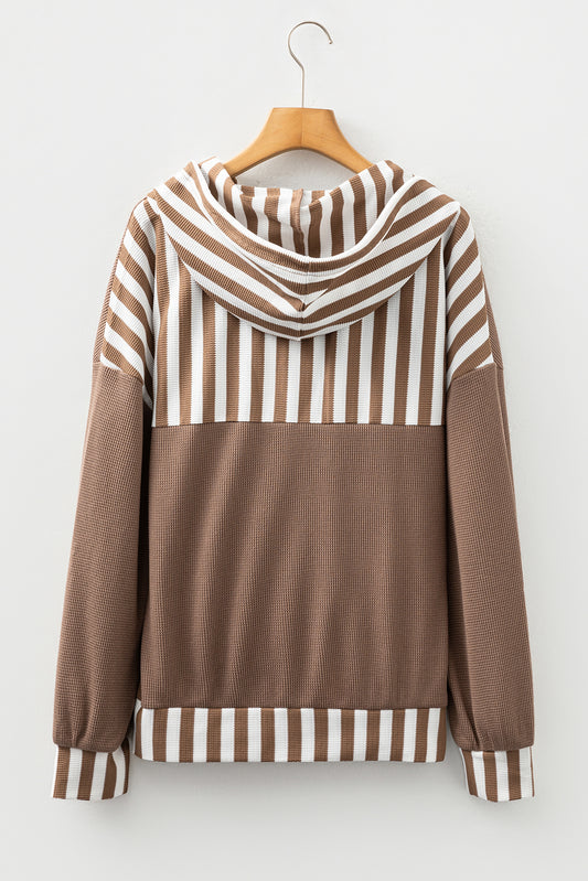 Straw Yellow Waffle Texture Striped Patchwork Button Neck Drawstring Hoodie