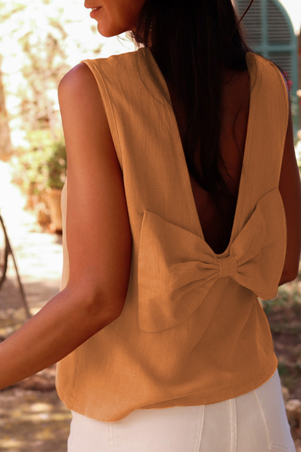 Desert Gold Bowknot V Cut Backless Cotton Tank Top