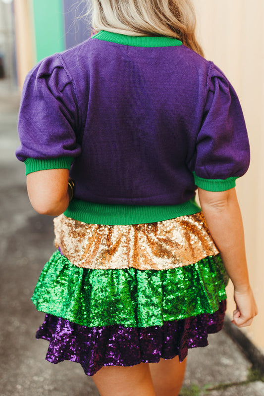 Tillandsia Purple Mardi Gras Tinsel Graphic Short Sleeve Sweater