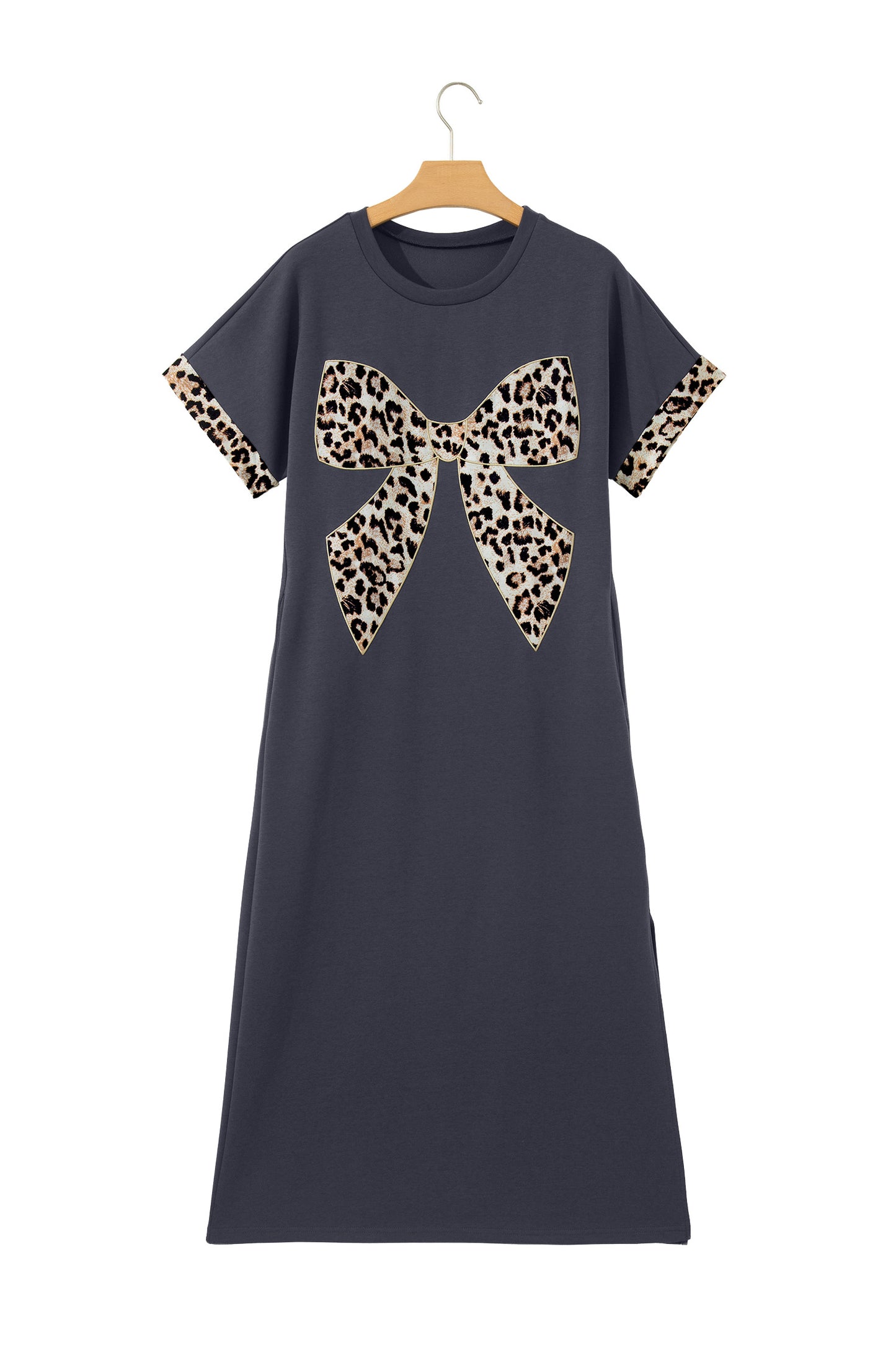 Dark Grey Contrast Leopard Bow Patched Short Sleeve T Shirt Long Dress
