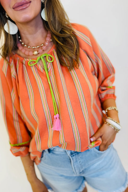 Orange Stripe Tassel Tie Neck Bracelet Sleeve Cotton Blouse