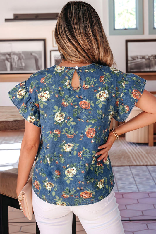 Ashleigh Blue Ruffled Short Sleeve Floral Denim Top