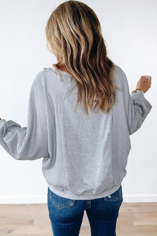 Tops/Long Sleeve Tops Light Grey Waffle Patchwork Long Sleeve Raw Hem Pullover Top
