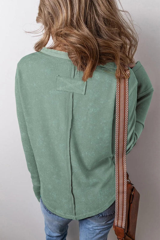 Tops/Long Sleeve Tops Smoke Green Acid Wash Waffle Knit Buttoned Neckline Long Sleeve Top
