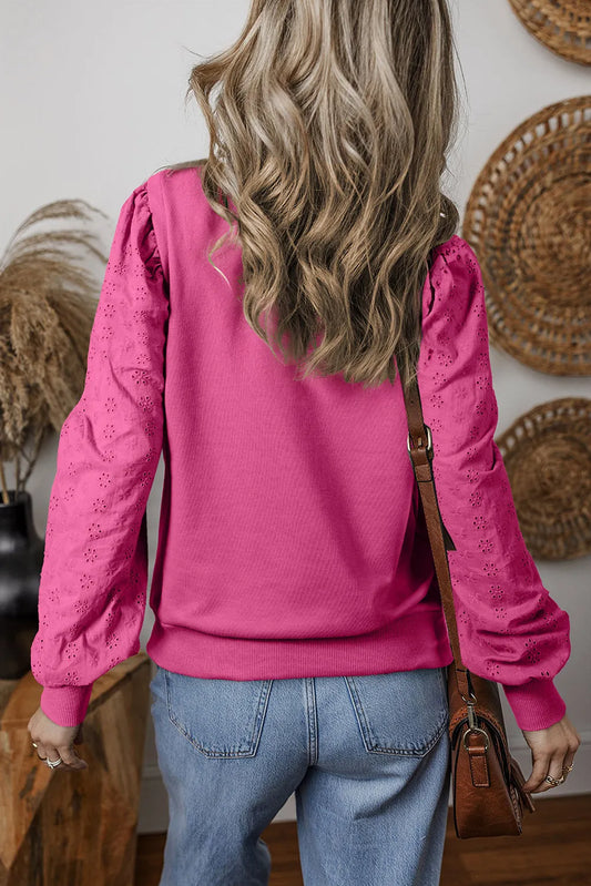 Bright Pink Textured Patchwork Round Neck Sweatshirt - Chic Meadow Boutique