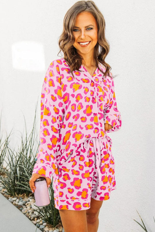 Loungewear & Sleepwear/Sleepwear Pink Leopard Print Long Sleeve Shirt and Shorts Pajama Set