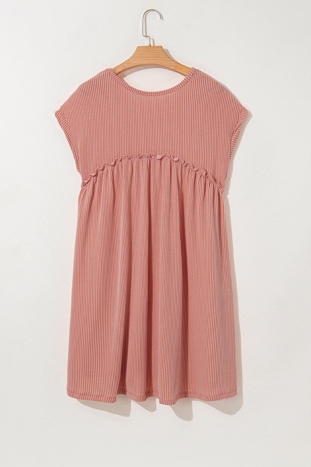Dusty Pink Corded Knit Textured Patched Pocket Frilled Swing Mini Dress with Pockets