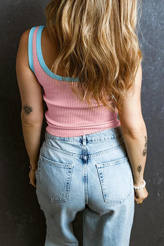 Tops/Tank Tops Pink Colorblock Edge Ribbed Knit U Neck Tank Top