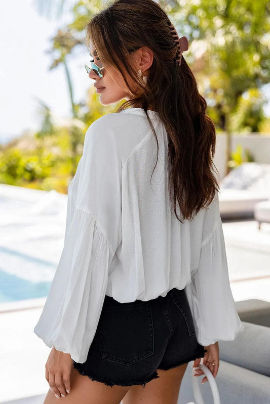 Tops/Blouses & Shirts White Solid Color V Neck Balloon Sleeve Shirt