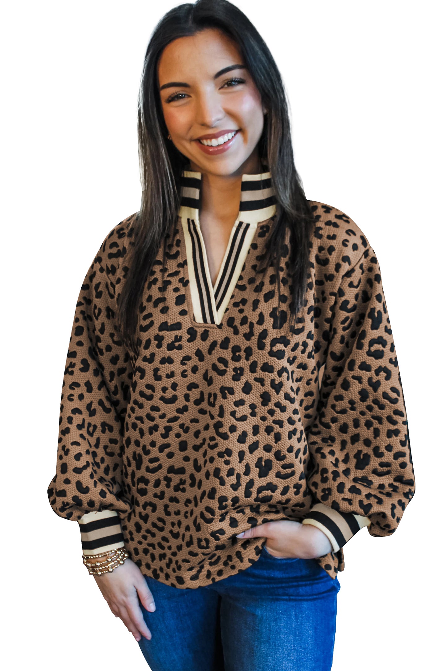 Brown Leopard Print Striped Trim Collar Long Sleeve Shift Pullover